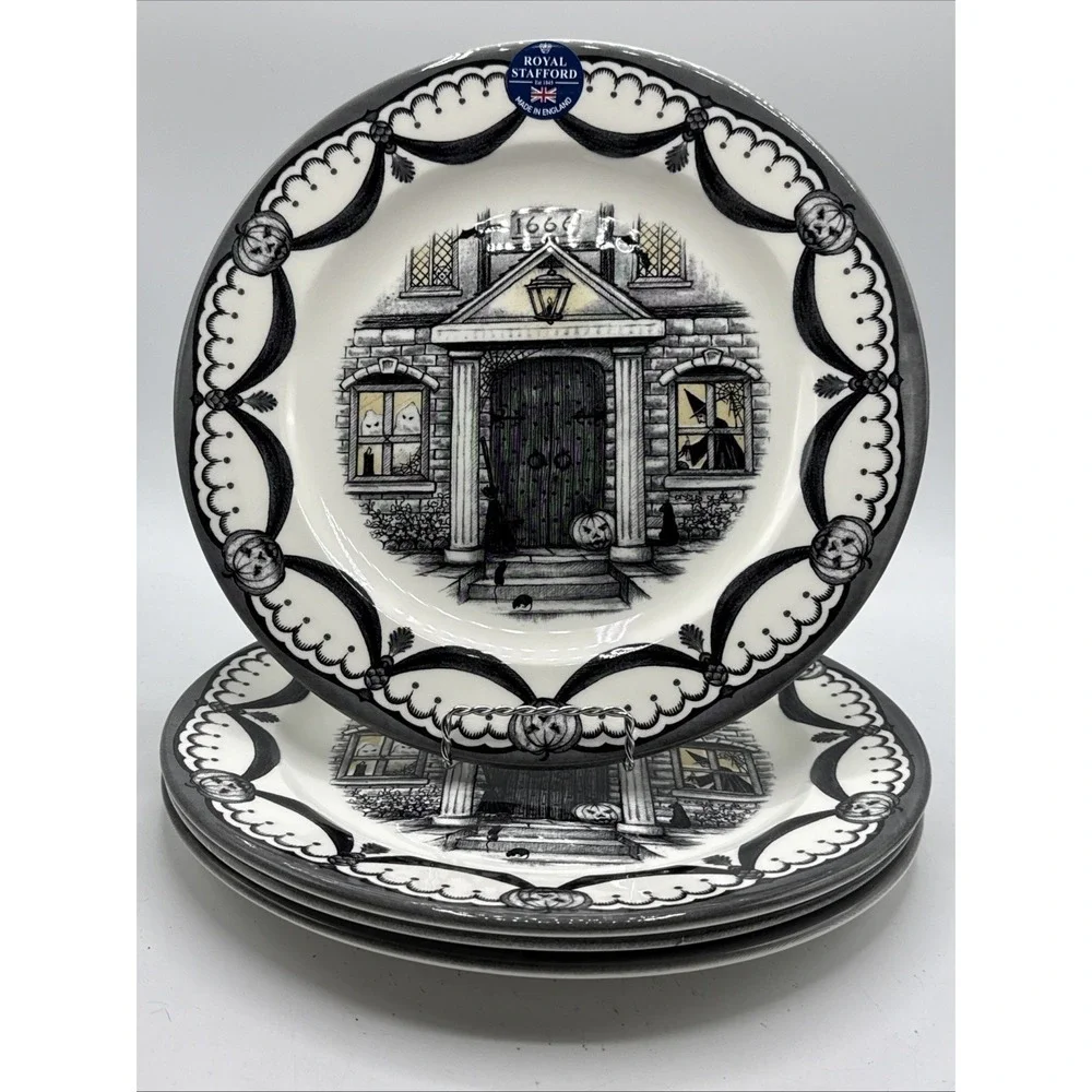 Royal Stafford England Halloween Haunted Home Jack O'Lantern Dinner Plates 4